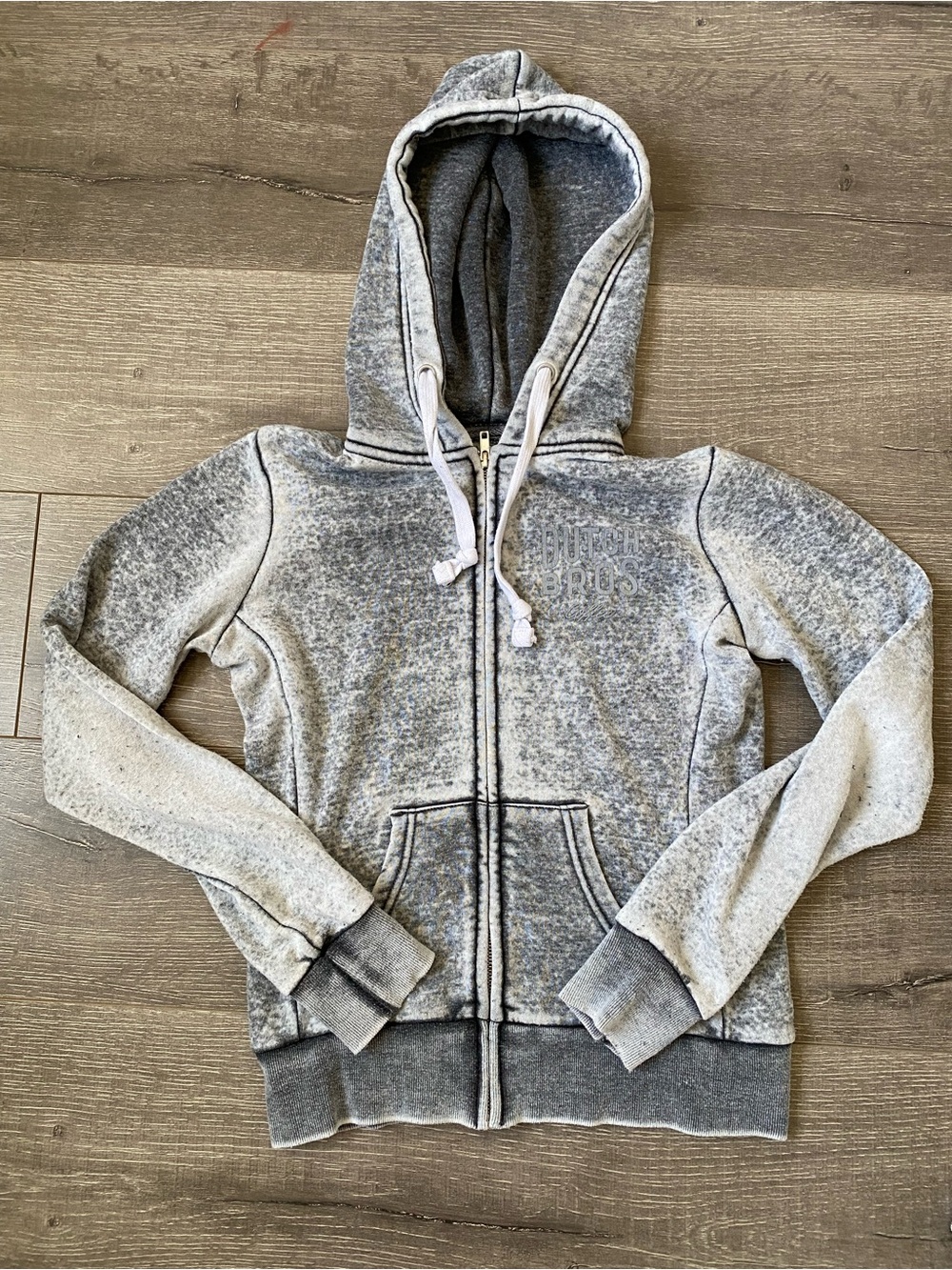 Dutch Bros. • Grey Zip-Up Hooded Sweatshirt with Faded Wash